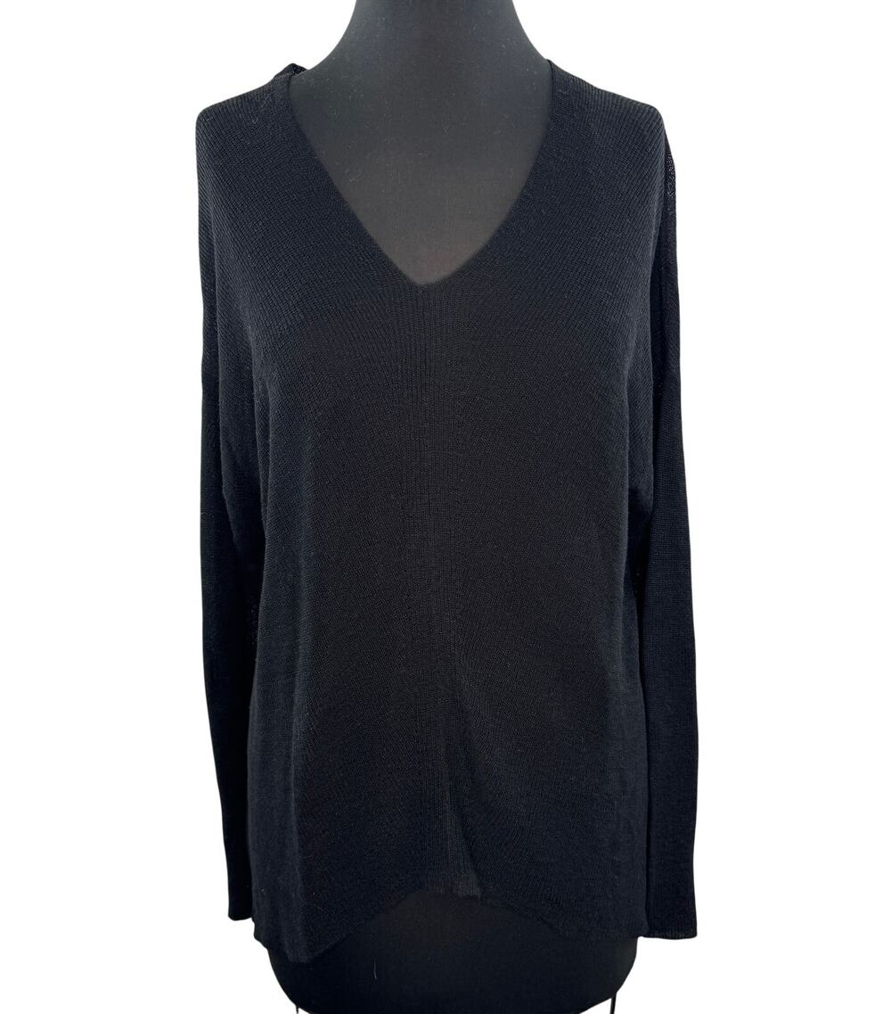 EILEEN FISHER Black Top Organic Linen Thin Knit High Low V-Neck Size M Medium